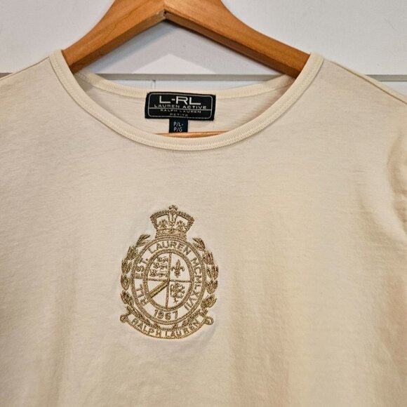 Lauren Active Ralph Lauren Ivory Embroidered Logo Long Slv T-Shirt Large Petite - Picture 1 of 9
